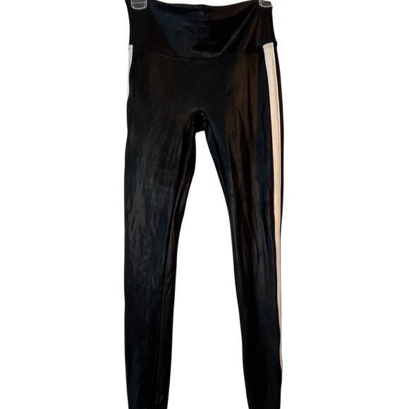 SPANX Black Faux Leather Leggings White Stripe Accent Edgy Athleisure Sporty - Picture 4 of 11